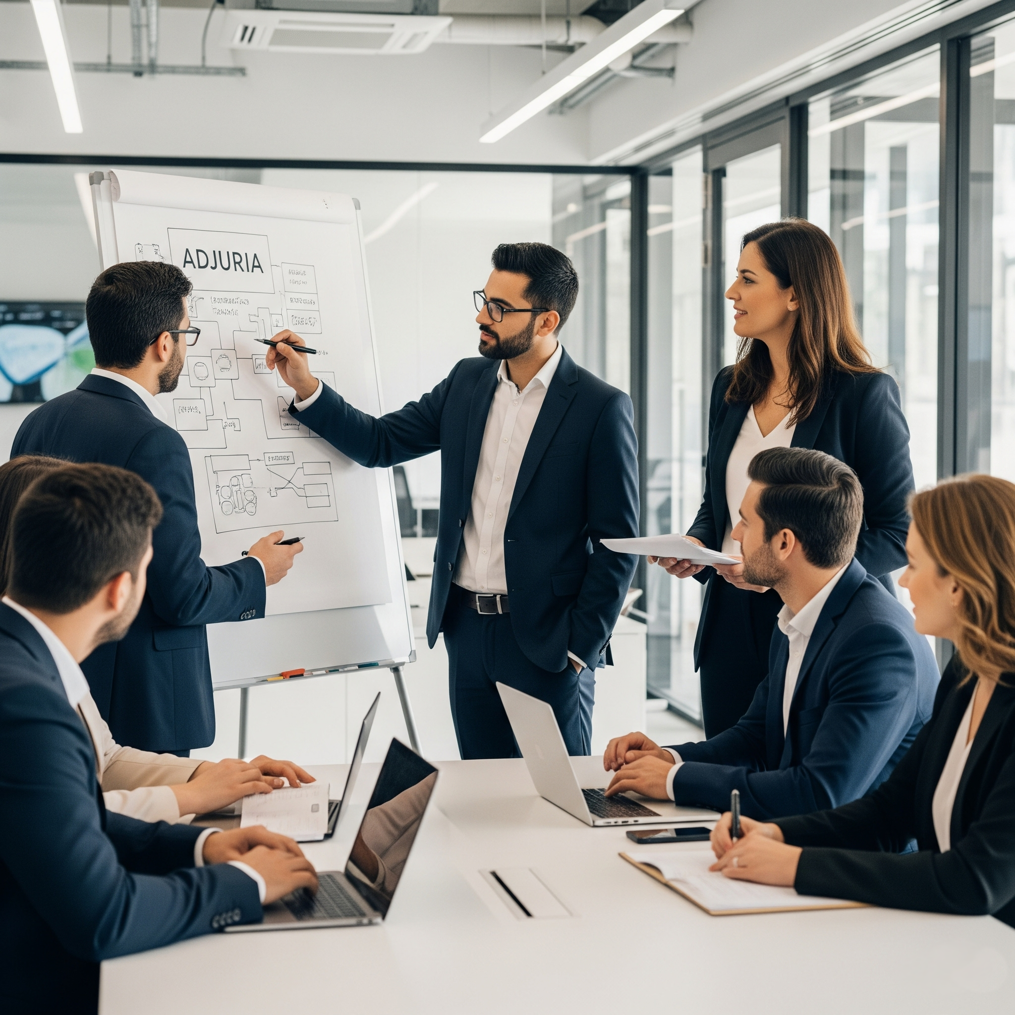 Team of consultants working with clients around a whiteboard.
