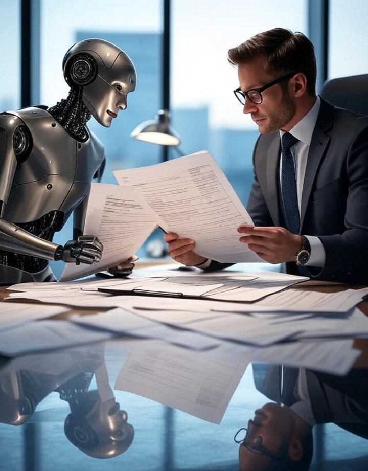 An Android and a paralegal, both reviewing invoices.