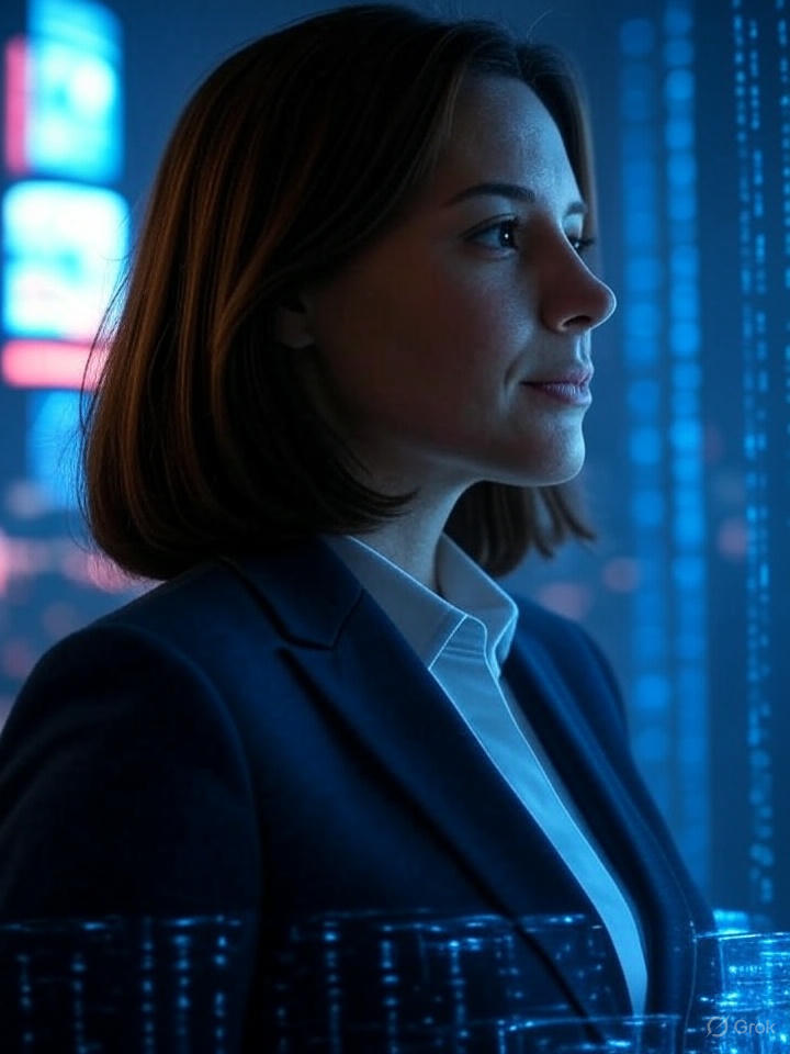 Woman gazes out over a futuristic cityscape