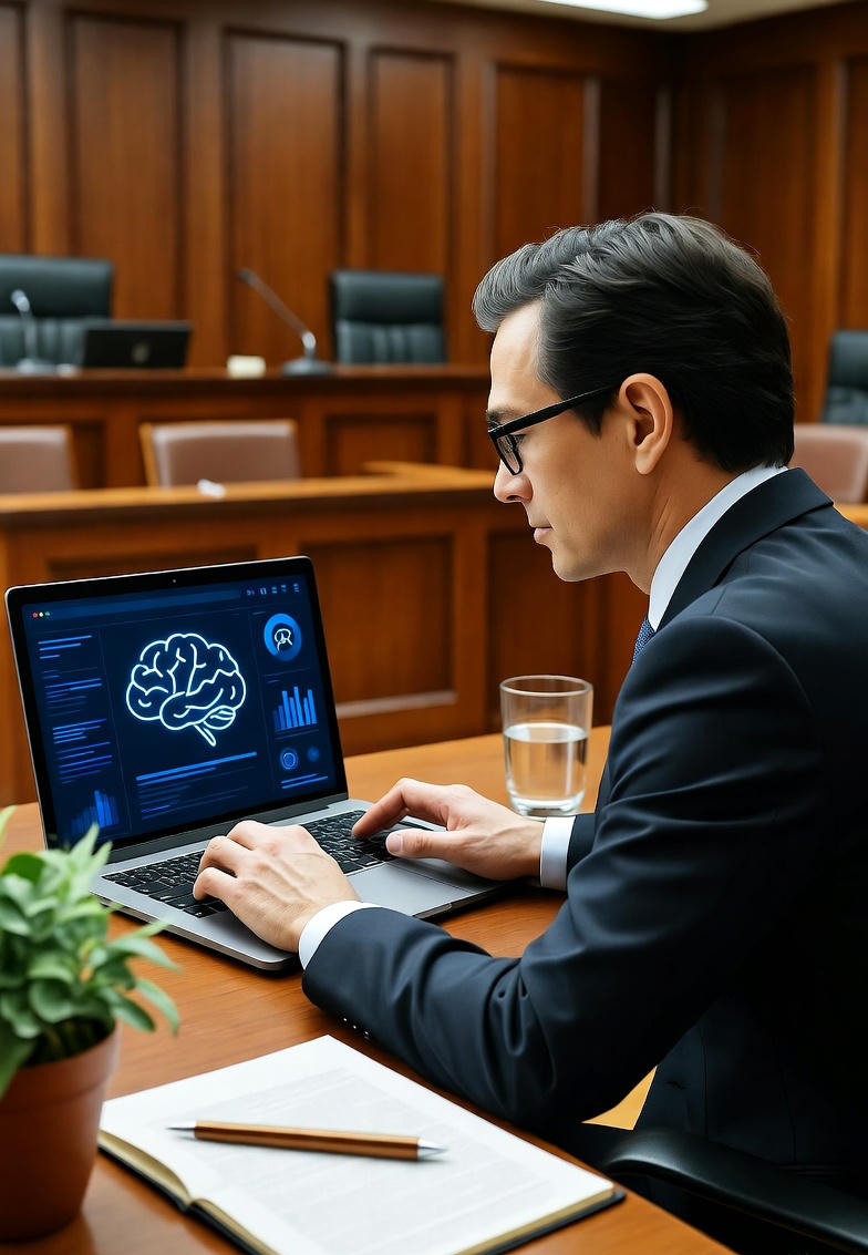 Lawyer preparing for a trial using ai software.