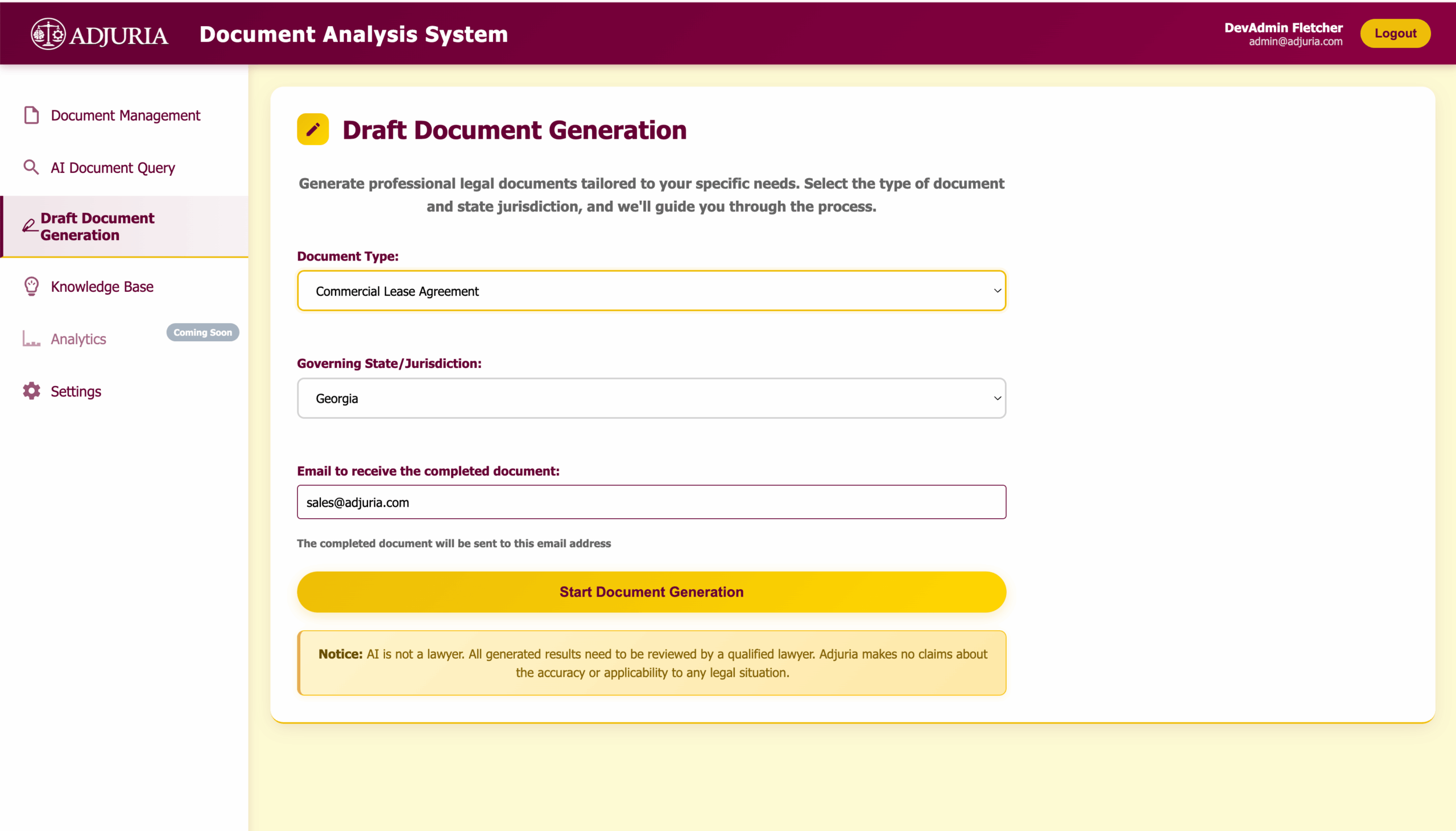 docGenerationScreen Screenshot of the Document Generation Application